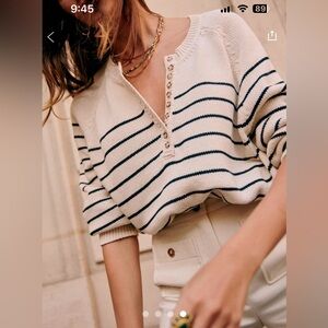 Sezane Sweater Leontine Jumper Striped Knit Pullover Henley Button Top Sz XL